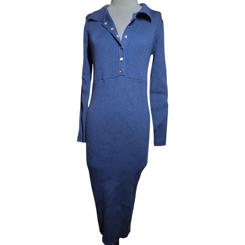 Blue Ribbed Long Sleeve Midi Dress Size XL